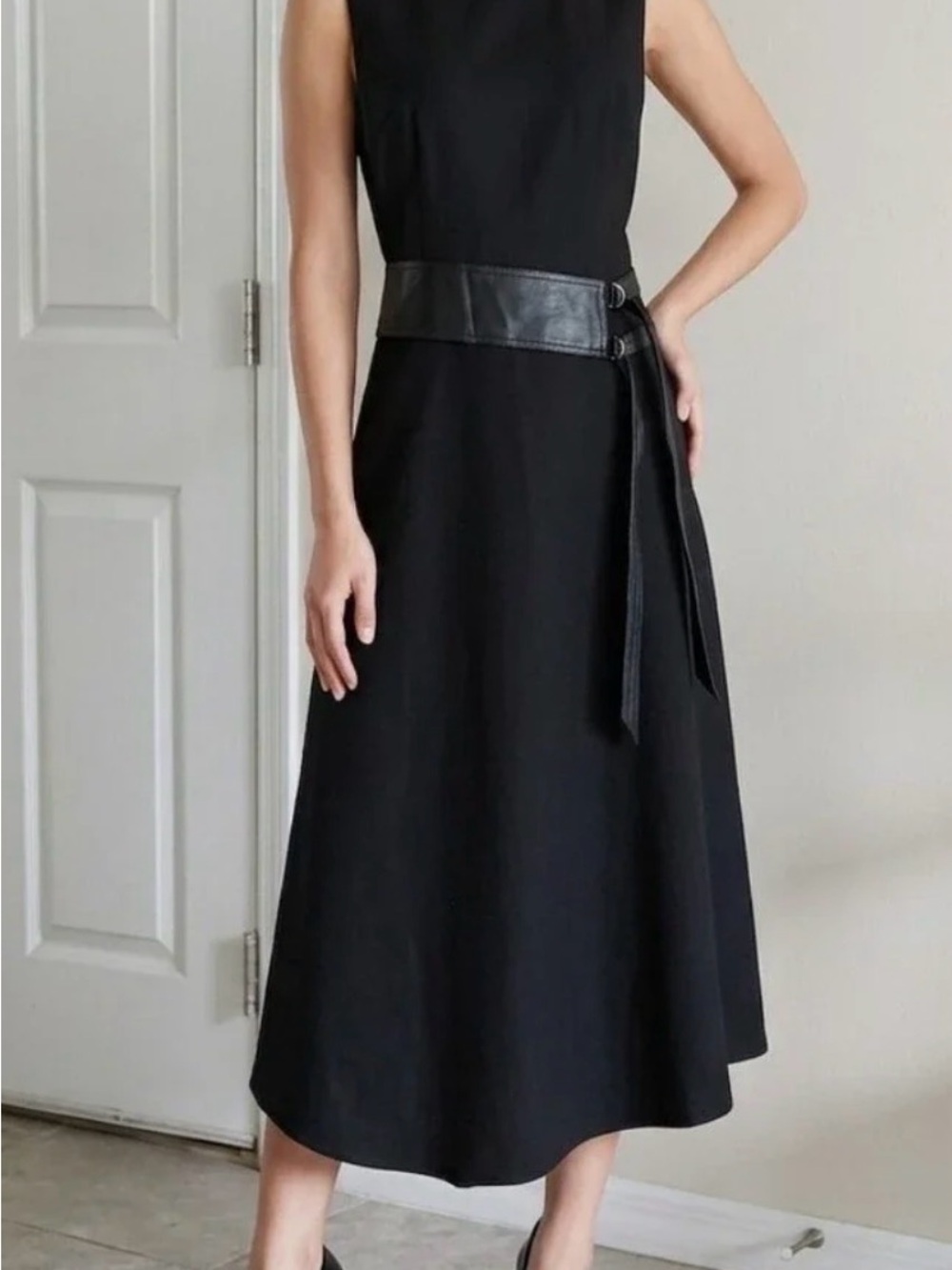 NWT Black Sleeveless A-line Midi Dress with Leather Belt Sz6